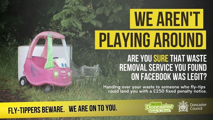 Fly-Tippers Beware Poster showing abandoned childrens toys